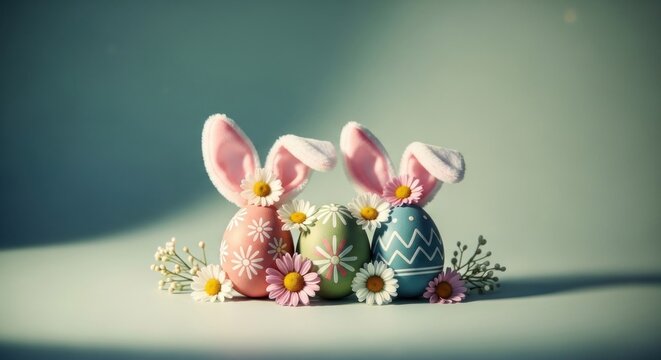 Pastel Easter eggs with bunny ears and spring flowers on a soft blue background