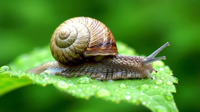 Showcase the intricate spiral patterns and unique coloration of a snail's protective shell, highlighting its natural beauty and resilience in varied light.