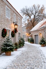 Fototapeta premium Christmas winter village street with decorated cobblestone alley