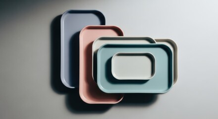 Pastel-colored rectangular trays of varying sizes, artfully nested on a grey background