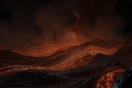 Generative AI otherworldly molten landscape with glowing lava formations.