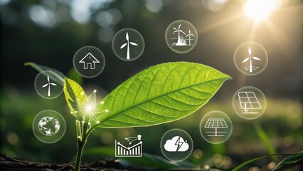 Sustainable future with vibrant green sprout and renewable energy icons representing nature's power and eco-friendly innovations for a cleaner planet