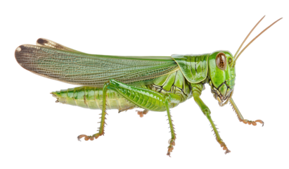 A vibrant green grasshopper isolated on transparent background, showcasing its intricate details and textures, with its long antennae and powerful legs