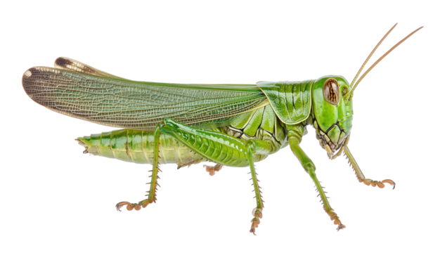 A vibrant green grasshopper isolated on transparent background, showcasing its intricate details and textures, with its long antennae and powerful legs