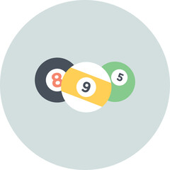 Three billiard balls including the 8 ball and 9 ball resting on a light gray circular background illustration