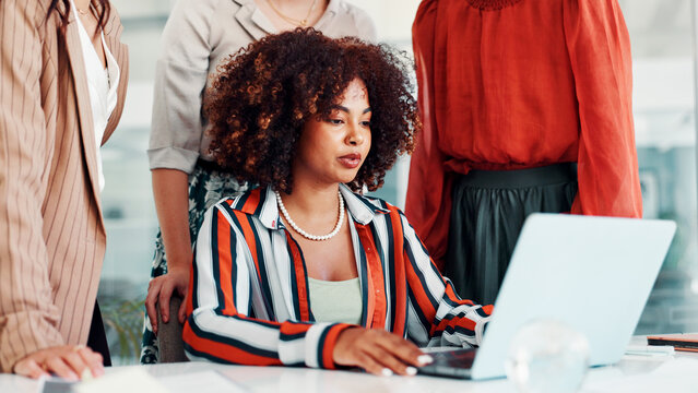 Fashion design, laptop and meeting with business women in boardroom for discussion. Collaboration, computer and planning with designer people at table in workplace for clothing company development - Powered by Adobe