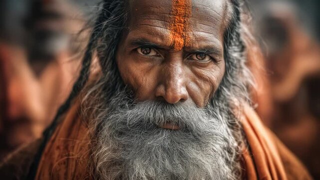 Close-up portrait of a Hindu Sadhu with orange tilak on his forehead