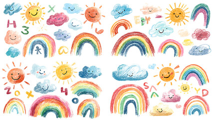 Obraz premium A playful collection of watercolor rainbows, suns, clouds and doodles in bright pastel colors. Charming hand painted childrens illustration set perfect for nursery designs and creative projects.