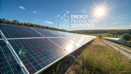 Sustainable energy production shown with solar panels and statistics for clean power solutions, a modern and environmentally friendly energy investment concept