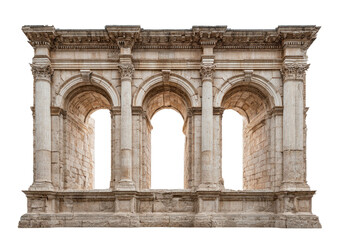 Fototapeta premium Three arched window facade with stone columns, ornately detailed