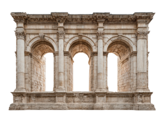 Three arched window facade with stone columns, ornately detailed