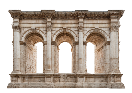 Three arched window facade with stone columns, ornately detailed