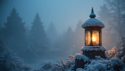 Peaceful winter scene featuring a lantern covered in snow, softly glowing through the evening mist and creating a serene holiday mood.