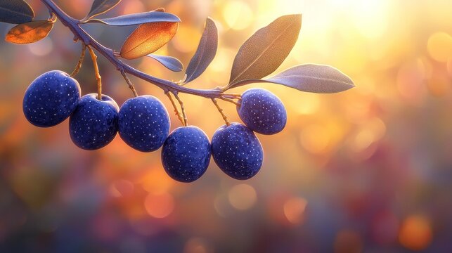 Ripe dark olives on a branch bathed in warm, golden sunset light, bokeh background