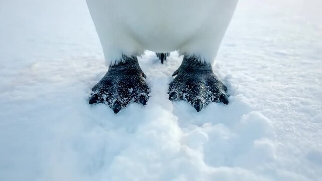 Close up detail of a penguin's distinctive webbed feet leaving tracks in fresh snow, emphasizing texture and the natural environment. Ground level shot focusing on the intricate patterns and?
