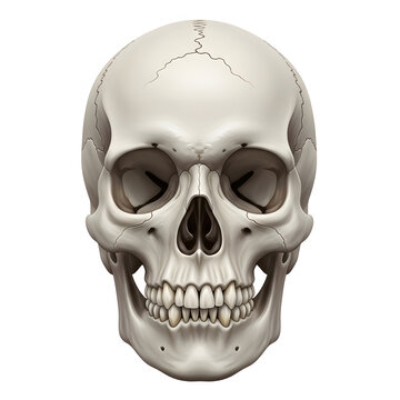 Anatomically correct illustration of a human skull from a frontal, anterior view, isolated on a white background.