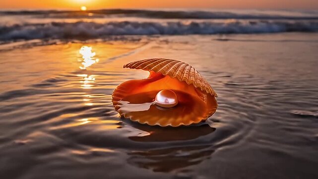 A stunning white pearl rests gracefully inside a ribbed, open seashell, partially submerged in the glistening shallow waters of a serene beach. The scene is illuminated by the soft, warm hues of eithe