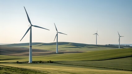 Sustainable energy landscape showing wind turbines gracefully turning against a beautiful blue sky, powering a greener tomorrow with innovative technology