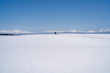 A breathtaking winter landscape of the Daisetsuzan Mountains seen from the snowy fields of Biei, Hokkaido, Japan, under a clear blue sky with untouched white snow.