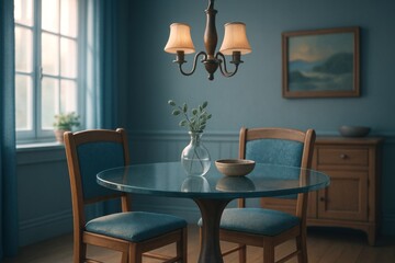 Fototapeta premium Serene dining room with round table, two blue chairs, chandelier, and soft window light