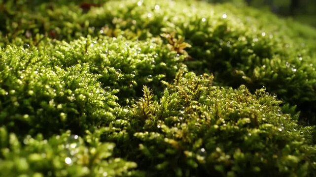 Macro exploration of vibrant green moss colonies thriving on damp forest floor, showcasing intricate textures and miniature ecosystems. Close up perspective highlighting the delicate structure and?