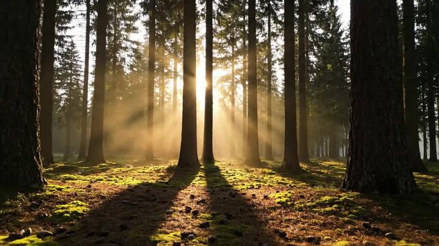 Glimmering dew drops on spiderwebs strung between pine branches, reflecting the soft light of dawn, highlighting delicate natural artistry. Wildlife habitat, subtle natural beauty, morning light