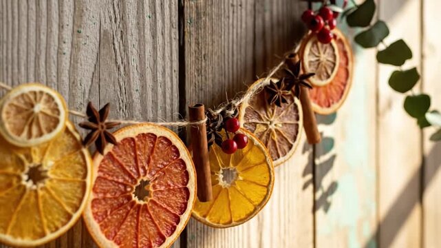 Dried citrus fruit garland with spices hanging on wooden background