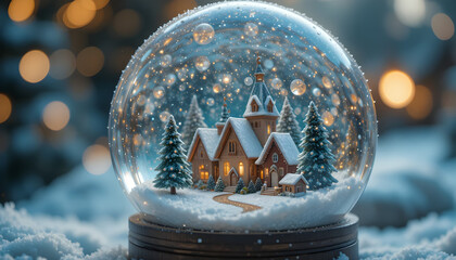 Macro cinematic moment of a snow globe being shaken, showing floating glitter and a tiny winter village inside, magical and detailed holiday scene.