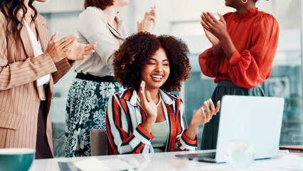 Happy woman, team and applause with laptop for promotion, business success or bonus in office....
