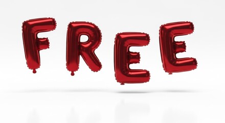 Shiny red balloon letters spelling 'FREE' float above a reflective white surface