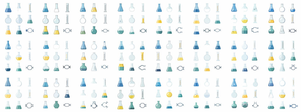 Seamless repeating pattern of flat design chemistry laboratory glassware, flasks, graduated cylinders, and scientific equipment icons on a white background.