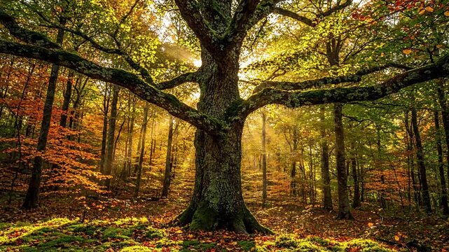 A wide, sweeping shot of a serene temperate forest in autumn, showcasing a vibrant tapestry of red, orange, and gold leaves, emphasizing seasonal transformation.