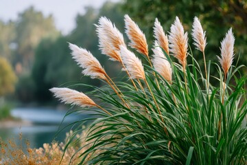 Pampas grass plumes by water in nature