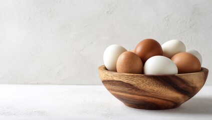 A rustic wooden bowl sits on a white surface, overflowing with a collection of brown and white eggs against a textured white backdrop. The lighting is soft and natural