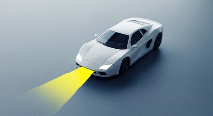 Sleek white model sports car with luminous yellow headlights on dark gray backdrop