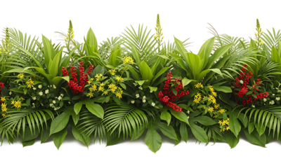 A lush border of tropical green leaves and vibrant red and yellow flowers, isolated on a transparent background for easy compositing