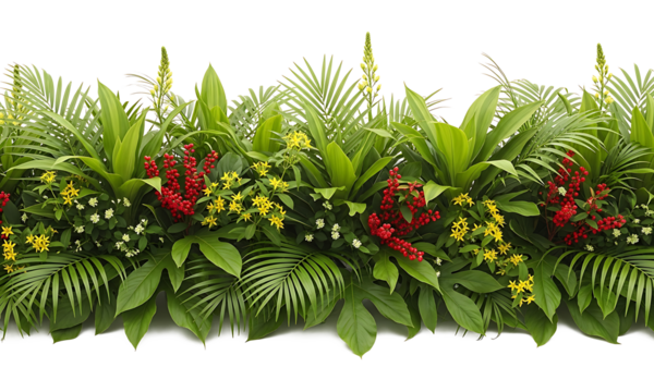 A lush border of tropical green leaves and vibrant red and yellow flowers, isolated on a transparent background for easy compositing - Powered by Adobe
