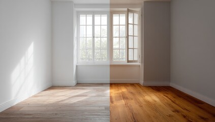 Fototapeta premium A split image showcasing a room, one half bright white with light-toned wood floors, the other a warmer tone with richer wood flooring