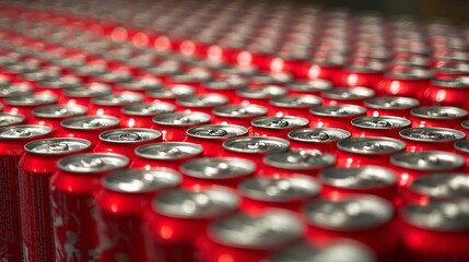 Rows of red drink cans arranged in neat lines with strong depth of field, showing metallic texture, modern pattern, vibrant color, freshness and beverage concept