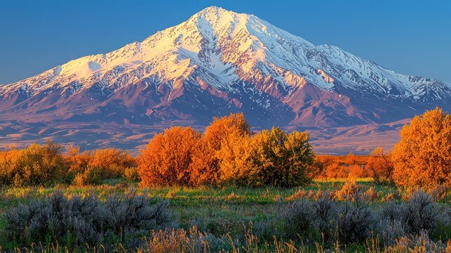 Snow-capped mountain bathed in warm evening light, framed by vibrant autumn trees and grasses