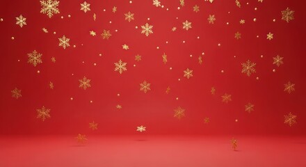 Sparkling golden snowflakes and dots falling on a bright red studio background