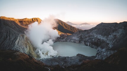 fumarole. Volcanic crater emitting white smoke against a rocky landscape. ESG reports, sustainability campaigns, designed for environmental awareness campaigns, used by sports marketers.