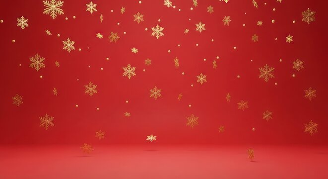 Sparkling golden snowflakes and dots falling on a bright red studio background