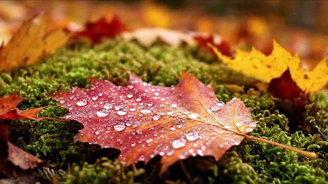 Intimate close up of a single, perfectly formed maple leaf, displaying intricate vein patterns and glistening dew drops on its vivid red and orange surface.