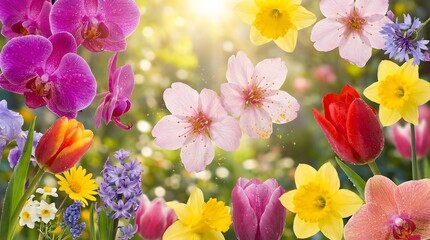 Vibrant Spring Flowers Blooming in a Sunny Garden with Bokeh Effect