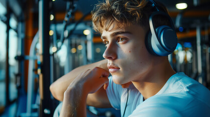 portrait of a handsome young man with headphone on gym background.
