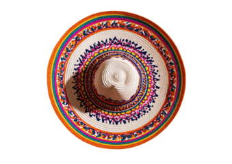 Colorful, round, woven hat with patterned brim and conical crown