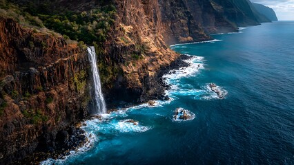 Obraz premium Majestic Waterfall Pouring into a Deep Ocean Cove Surrounded by Cliffs