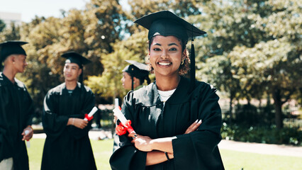 Happy woman, portrait or student with graduation for qualification, education or learning in nature. Female person, graduate or smile with certificate, degree or diploma for academic milestone