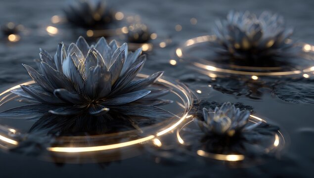 Dark, metallic water lilies with glowing rings float on a still, dark surface; close-up, ethereal feel